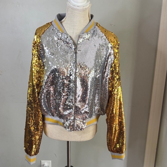Daisy Jackets & Blazers - Daisy Silver and Gold Sequin Bomber Jacket